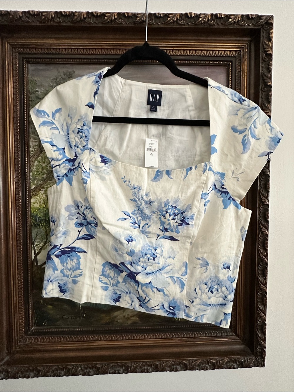 GAP Cream and Blue Floral Square-Neck Crop Blouse